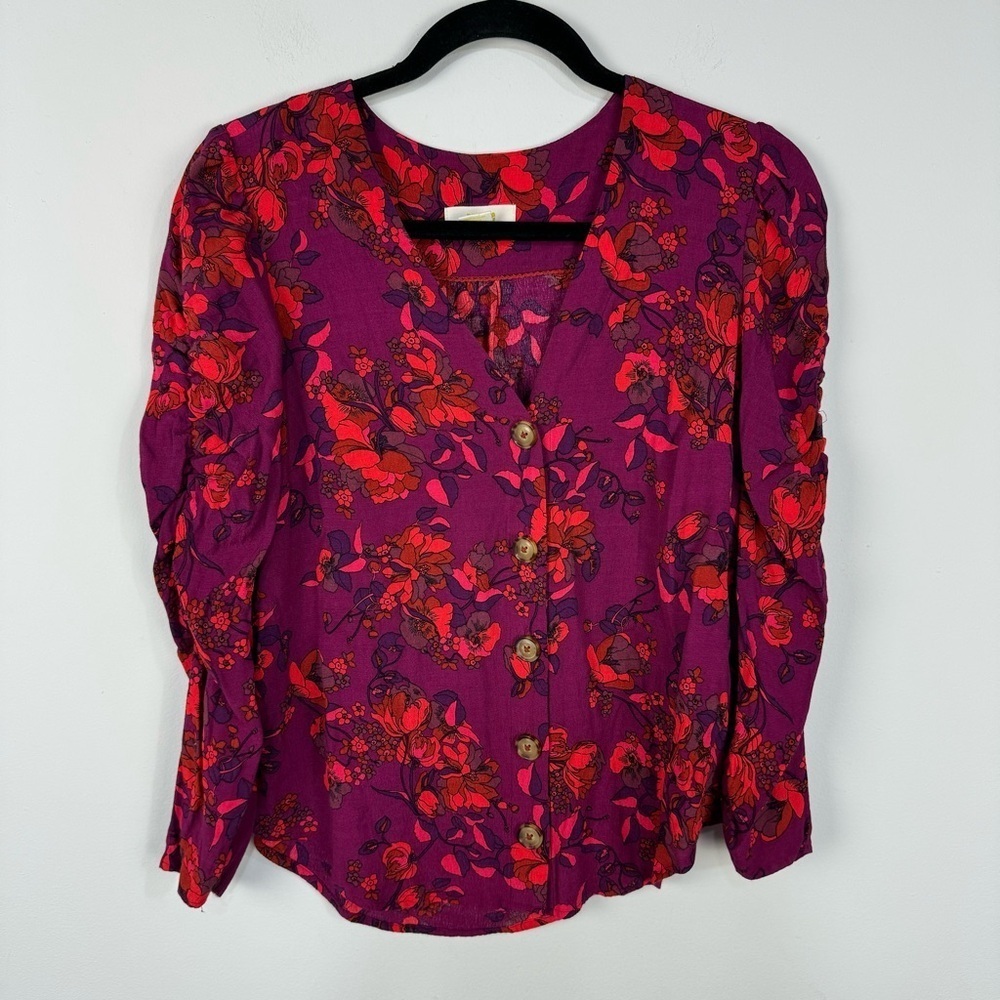 Maeve Anthropologie Multicolor Floral V Neck Button Front Puff Sleeve Blouse